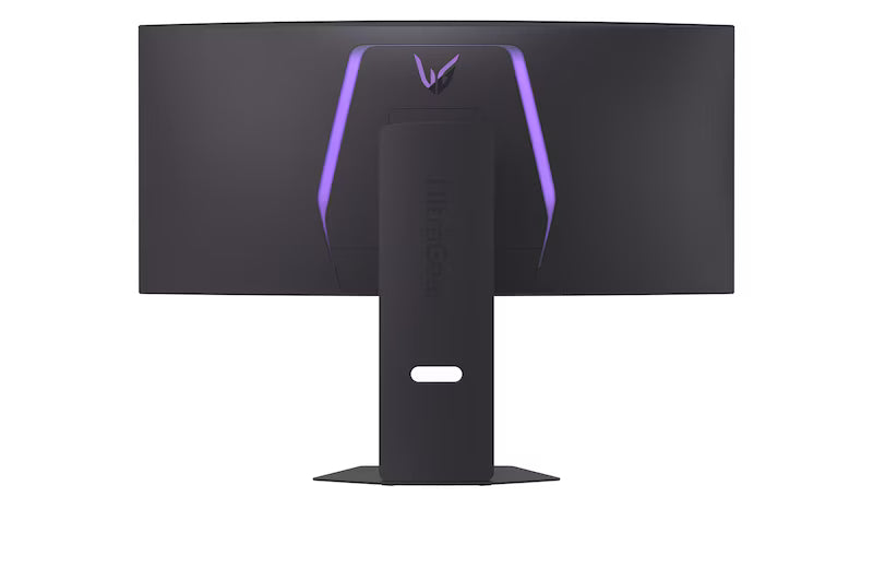 LG 34GX900A-B monitor hátulnézetben talpon, rgb világítás bekapcsolva.
