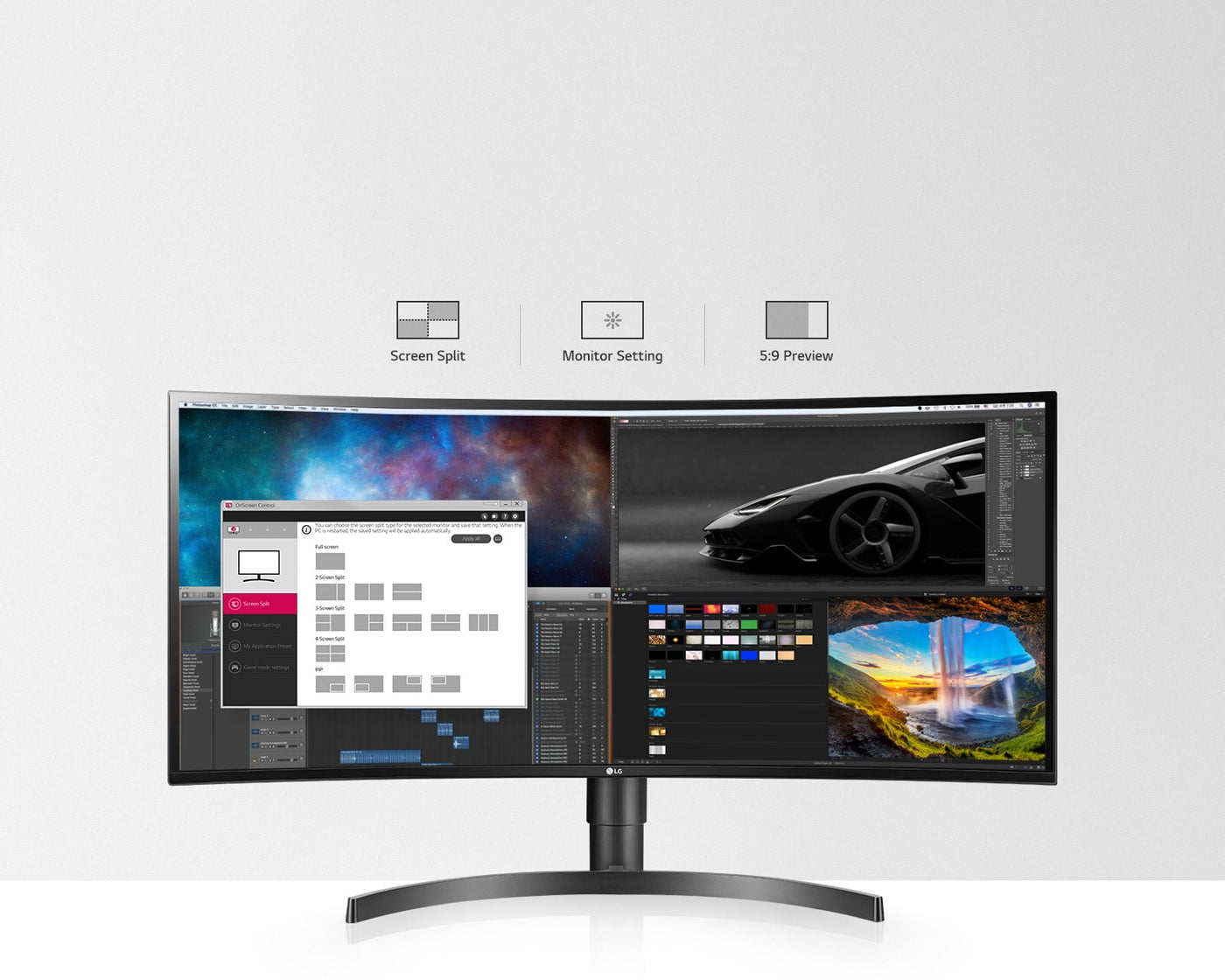 LG 34WL85C-B monitor onscreen control szoftver támogatása és egyszerű menürendszere.