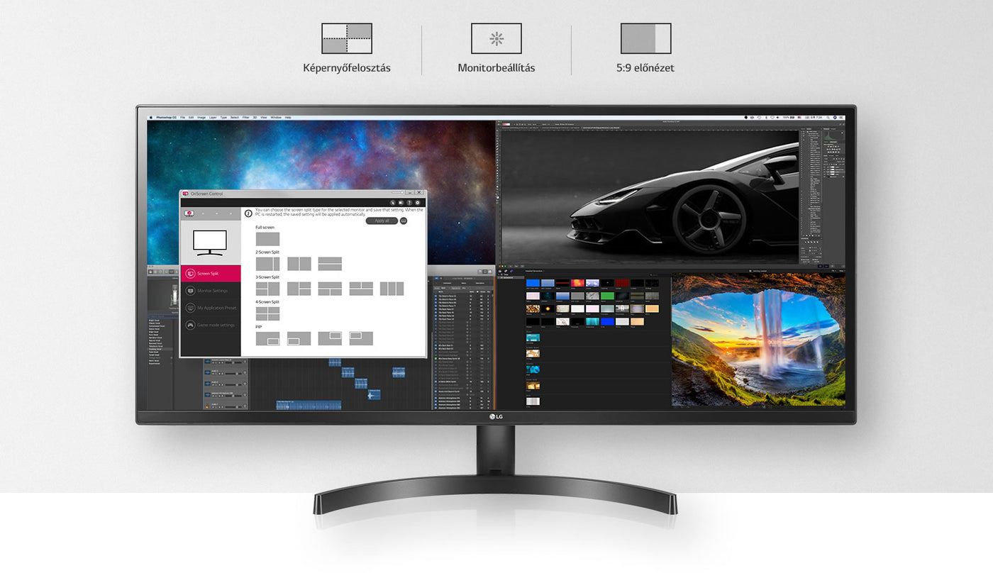 LG 34WP500-B monitor onscreen control szoftver támogatása és egyszerű menürendszere.