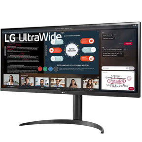 LG 34WP550-B monitor előlnézetben, enyhén balra fordítva, talpon. Akijelzőn lg ultrawide logó, üzleti meeting és diagramok.