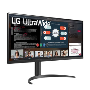 LG 34WP550-B monitor előlnézetben, jobbra fordítva, talpon. Akijelzőn lg ultrawide logó, üzleti meeting és diagramok.