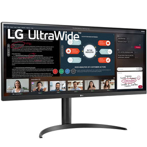 LG 34WP550-B monitor előlnézetben, enyhén jobbra fordítva, talpon. Akijelzőn lg ultrawide logó, üzleti meeting és diagramok.