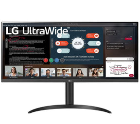 LG 34WP550-B monitor előlnézetben, enyhén balra fordítva, talpon. Akijelzőn lg ultrawide logó, üzleti meeting és diagramok.