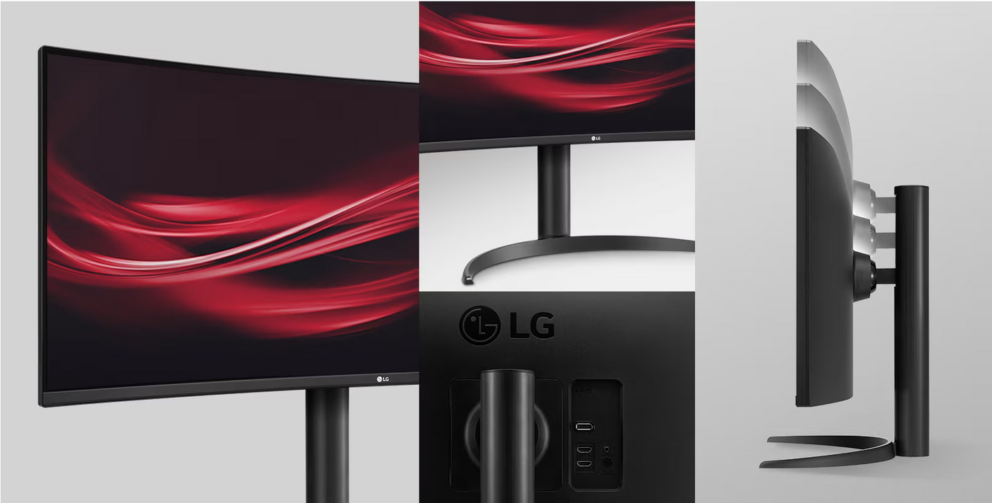 LG 34WP65C-B Monitor formatervezése és mozgástartománya minden irányból bemutatva.