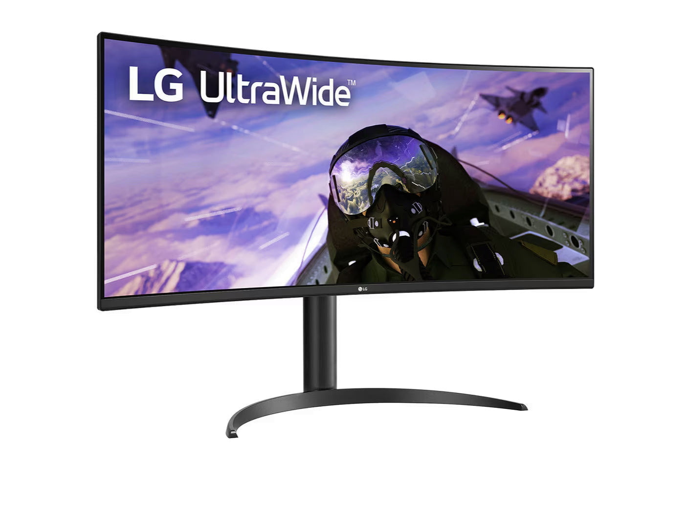 LG 34WP65C-B UltraWide Monitor előlnézetben enyhén jobbra fordítva, talpon. A kijelzőn egy pilóta és vadászgépek repülnek, lg utlrawide logóval.