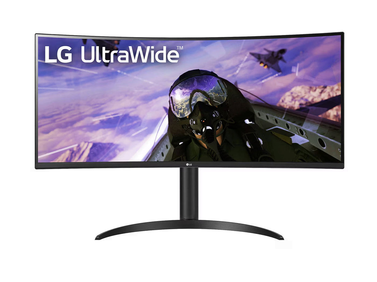 LG 34WP65C-B UltraWide Monitor előlnézetben, talpon. A kijelzőn egy pilóta és vadászgépek repülnek, lg utlrawide logóval.