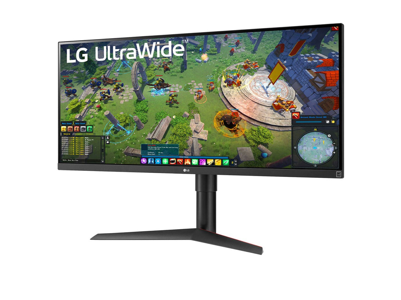 LG 34WP65G-B Monitor előlnézetben enyhén balra fordítva, talpon. A kijelzőn mmo rpg játék és lg ultrawide logó.