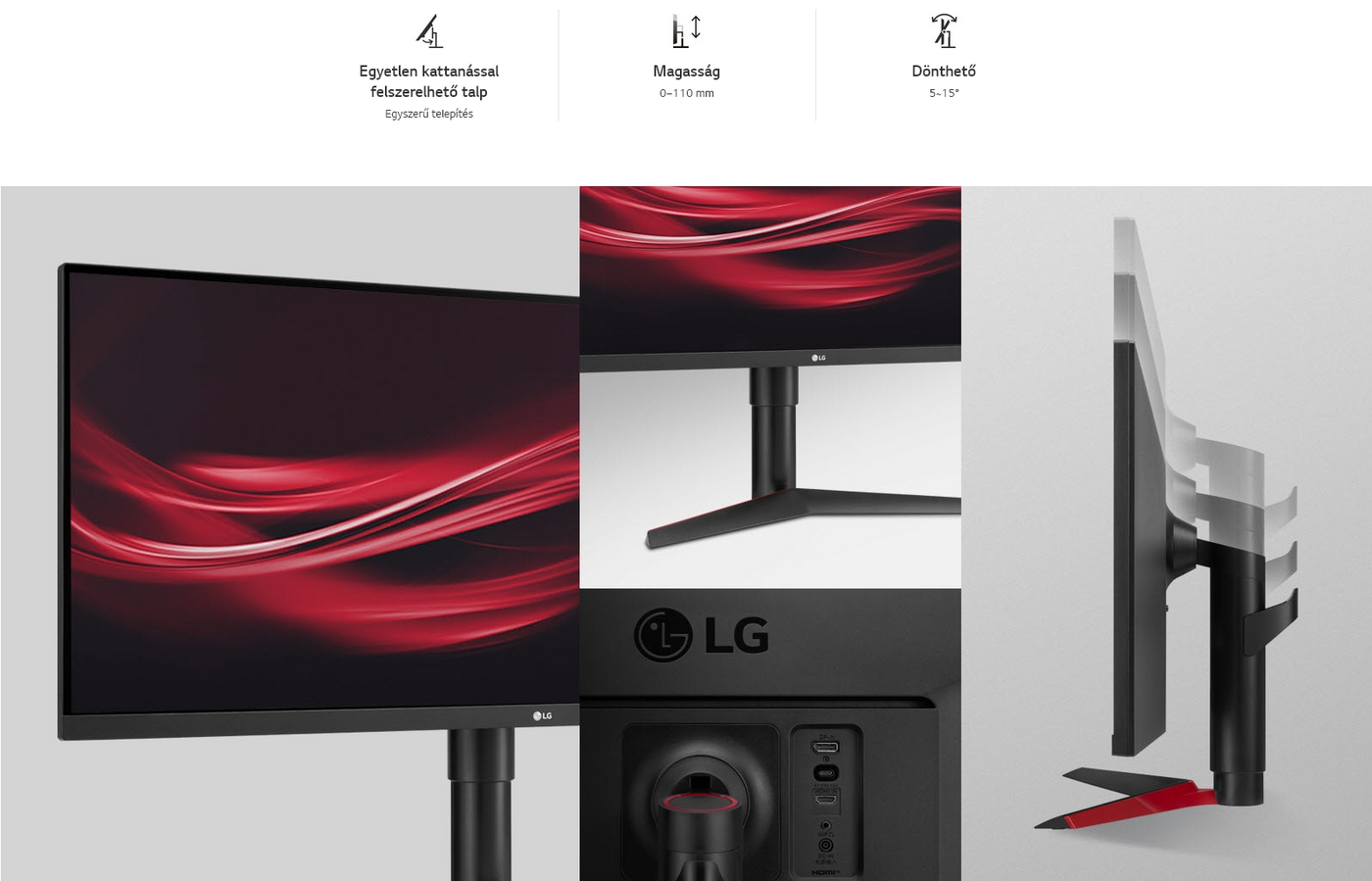 LG 34WP65G-B  monitor. Gondos formaterv, nagyobb mozgástartományban állítható magasság és dőlésszög.