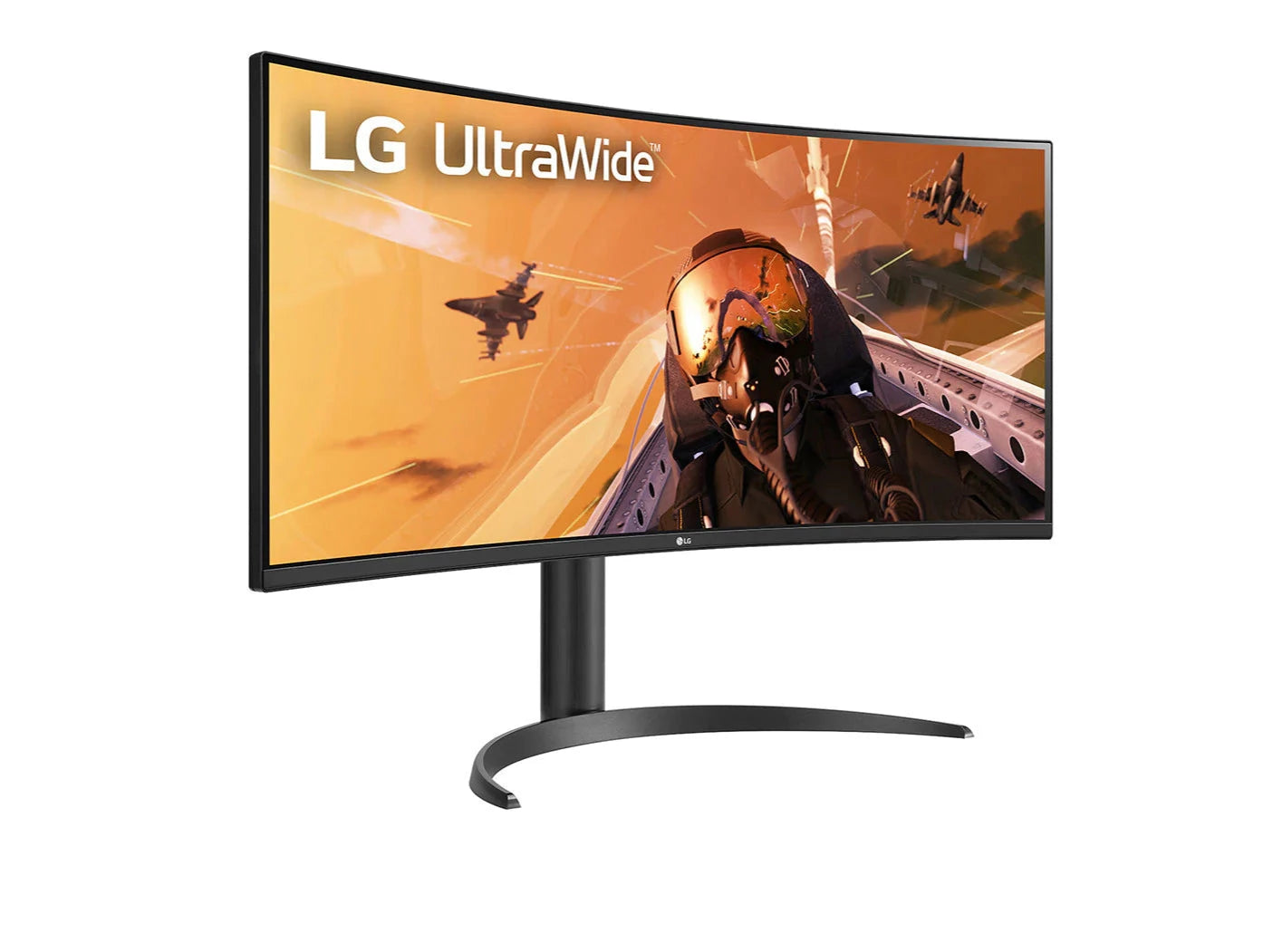 LG 34WP75C-B UltraWide Monitor előlnézetben jobbra fordítva, talpon. A kijelzőn egy pilóta és vadászgépek repülnek, lg utlrawide logóval.