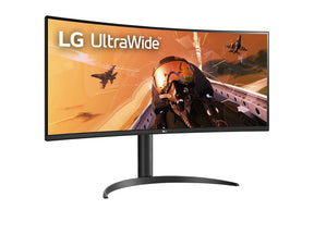 LG 34WP75C-B UltraWide Monitor előlnézetben enyhén jobbra fordítva, talpon. A kijelzőn egy pilóta és vadászgépek repülnek, lg utlrawide logóval.