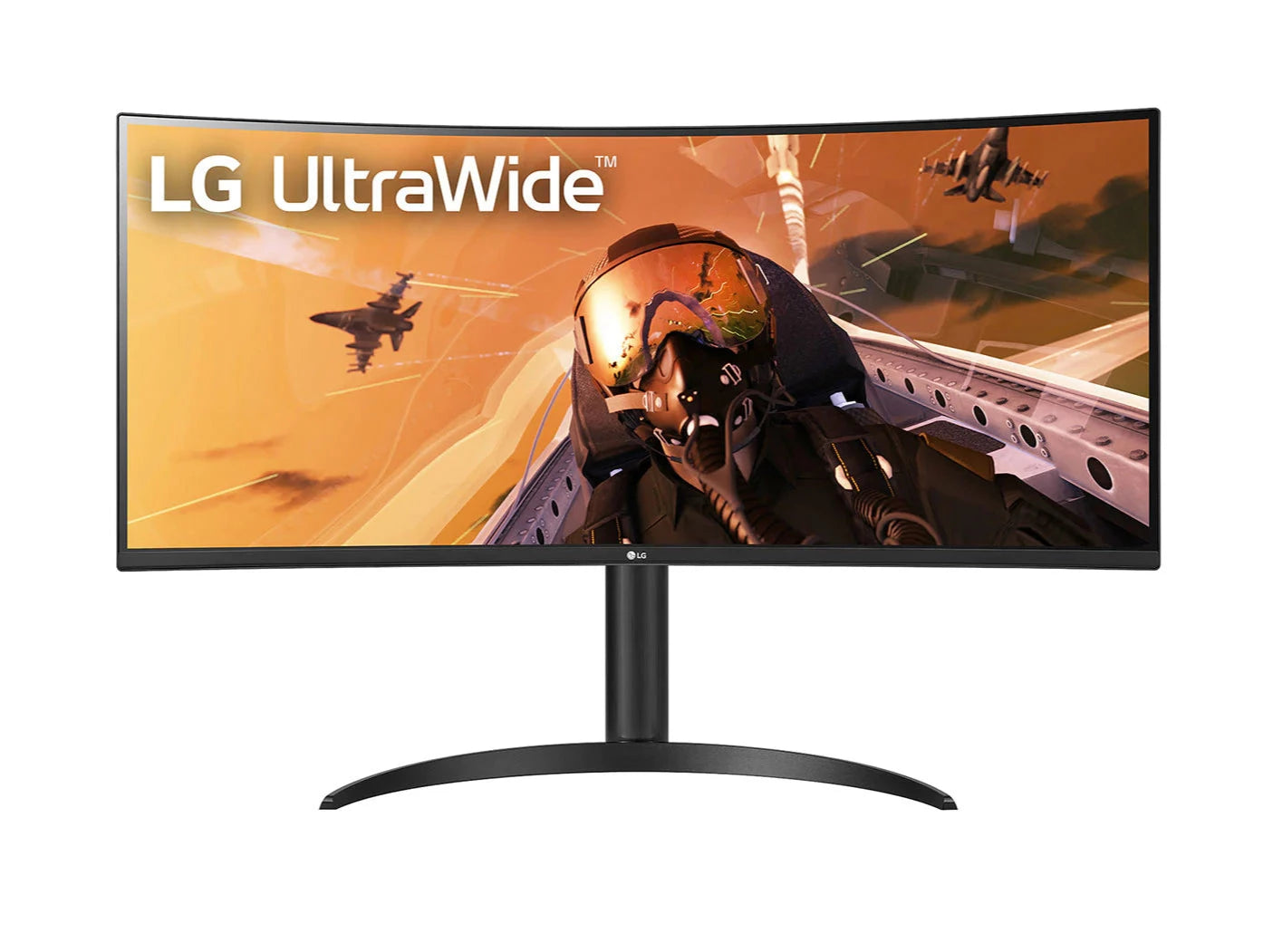 LG 34WP75C-B UltraWide Monitor előlnézetben, talpon. A kijelzőn egy pilóta és vadászgépek repülnek, lg utlrawide logóval.