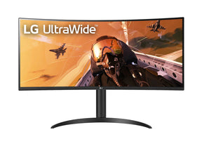 LG 34WP75C-B UltraWide Monitor előlnézetben, talpon. A kijelzőn egy pilóta és vadászgépek repülnek, lg utlrawide logóval.