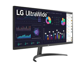 LG 34WQ500-B Monitor előlnézetben talpon, jobbra fordítva. A kijelzőn diagramok és üzleti naptár ultrawide logóval.