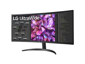 LG 34WQ60C-B Monitor előlnézetben enyhén balra fordítva, talpon. A kijelzőn webfejlesztés és lg ultrawide logó.