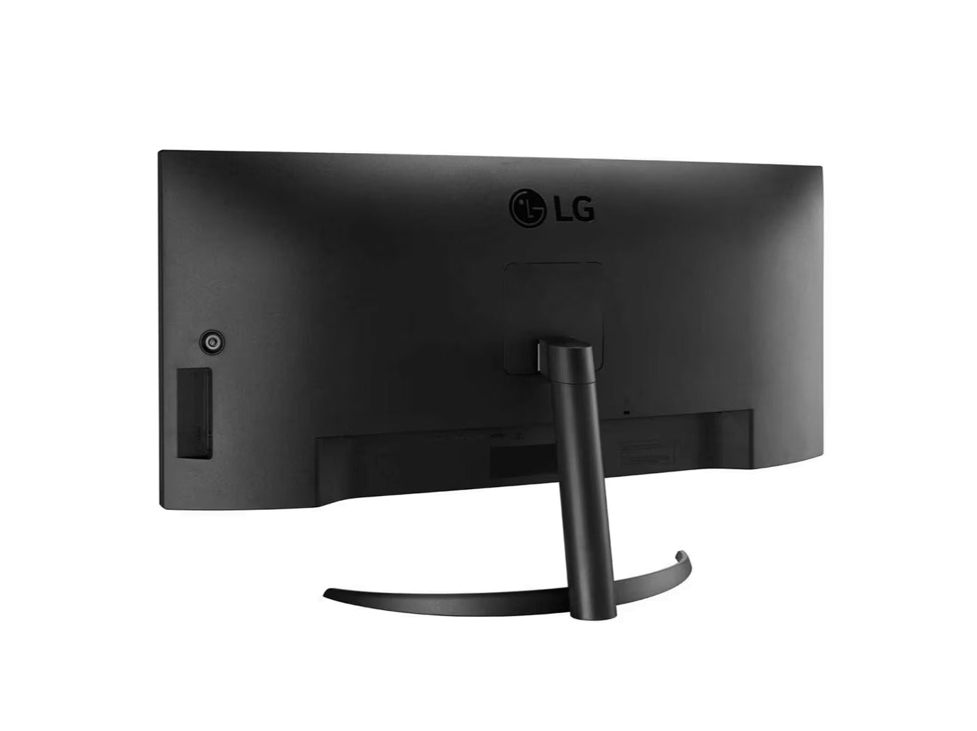 LG 34WQ60C-B Monitor hátulnézetben enyhén balra fordítva, talpon.