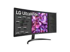 LG 34WQ60C-B Monitor előlnézetben jobbra fordítva, talpon. A kijelzőn webfejlesztés és lg ultrawide logó.