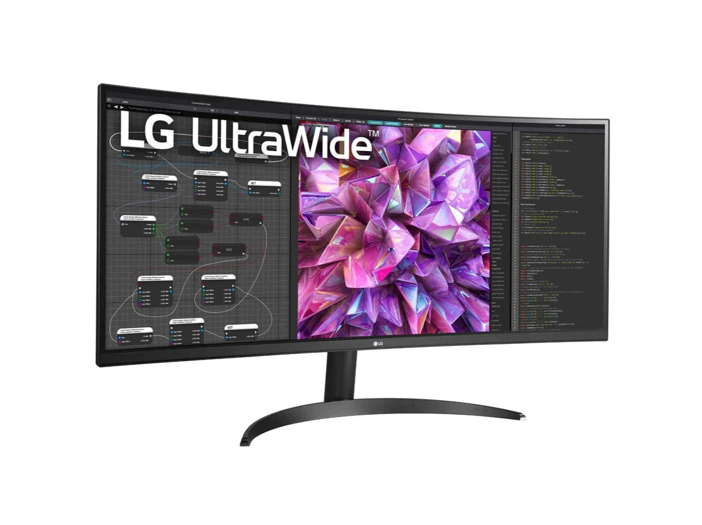 LG 34WQ60C-B Monitor előlnézetben enyhén jobbra fordítva, talpon. A kijelzőn webfejlesztés és lg ultrawide logó.