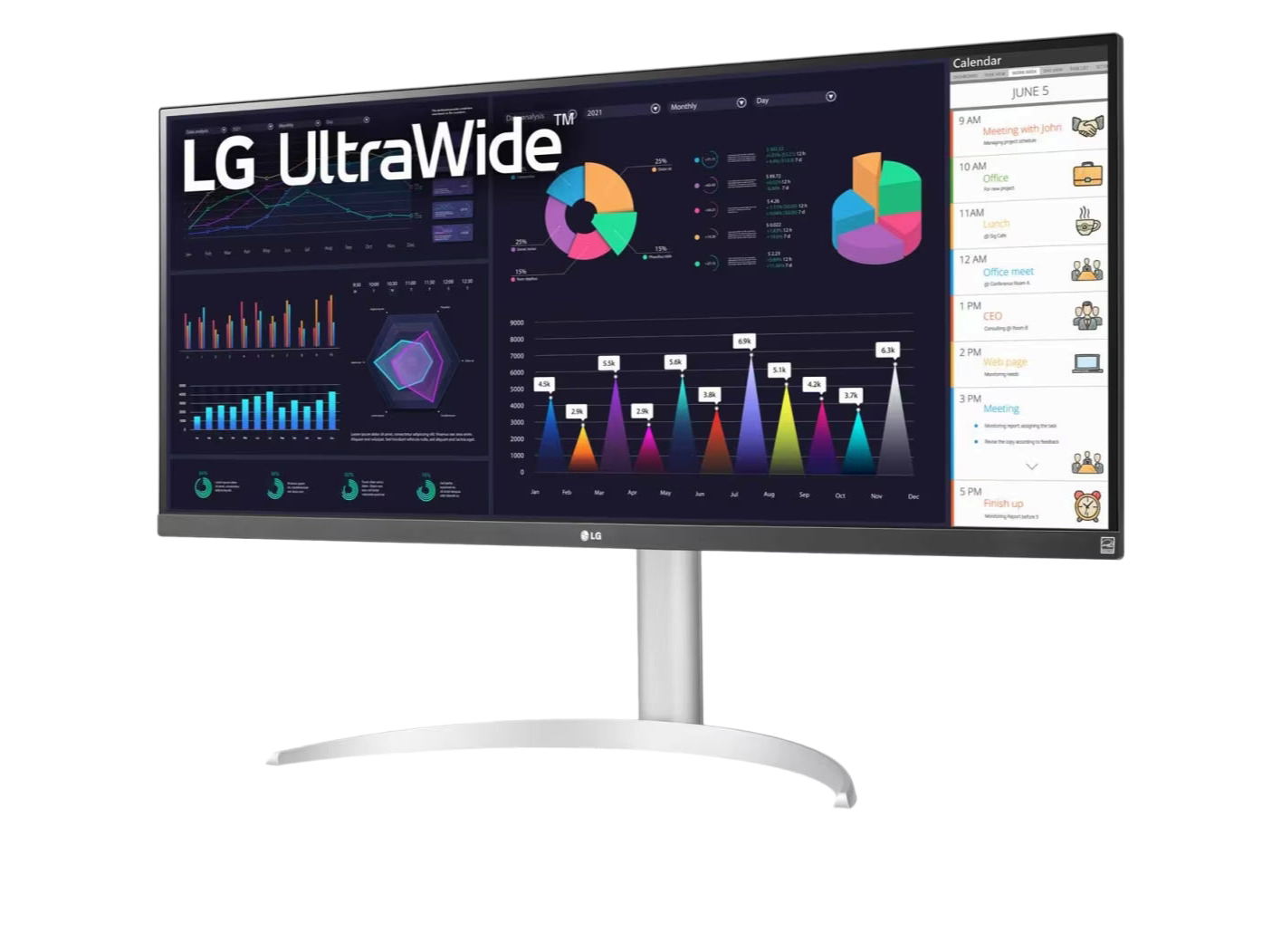 LG 34WQ650-W Monitor előlnézetben enyhén balra fordítva, talpon. A kijelzőn diagramok, naptár és lg ultrawide logó.