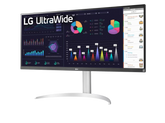 LG 34WQ650-W Monitor előlnézetben enyhén balra fordítva, talpon. A kijelzőn diagramok, naptár és lg ultrawide logó.