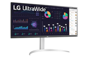 LG 34WQ650-W Monitor előlnézetben enyhén jobbra fordítva, talpon. A kijelzőn diagramok, naptár és lg ultrawide logó.