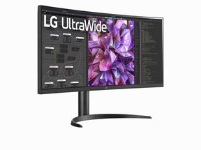 LG 34WQ75C-B Monitor előlnézetben jobbra fordítva, talpon. A kijelzőn webfejlesztés és lg ultrawide logó.