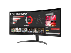 LG 34WR50QC-B Monitor előlnézetben enyhén balra fordítva, talpon. A kijelzőn online meeting és diagramok.