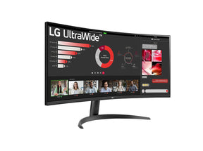 LG 34WR50QC-B Monitor előlnézetben jobbra fordítva, talpon. A kijelzőn online meeting és diagramok.