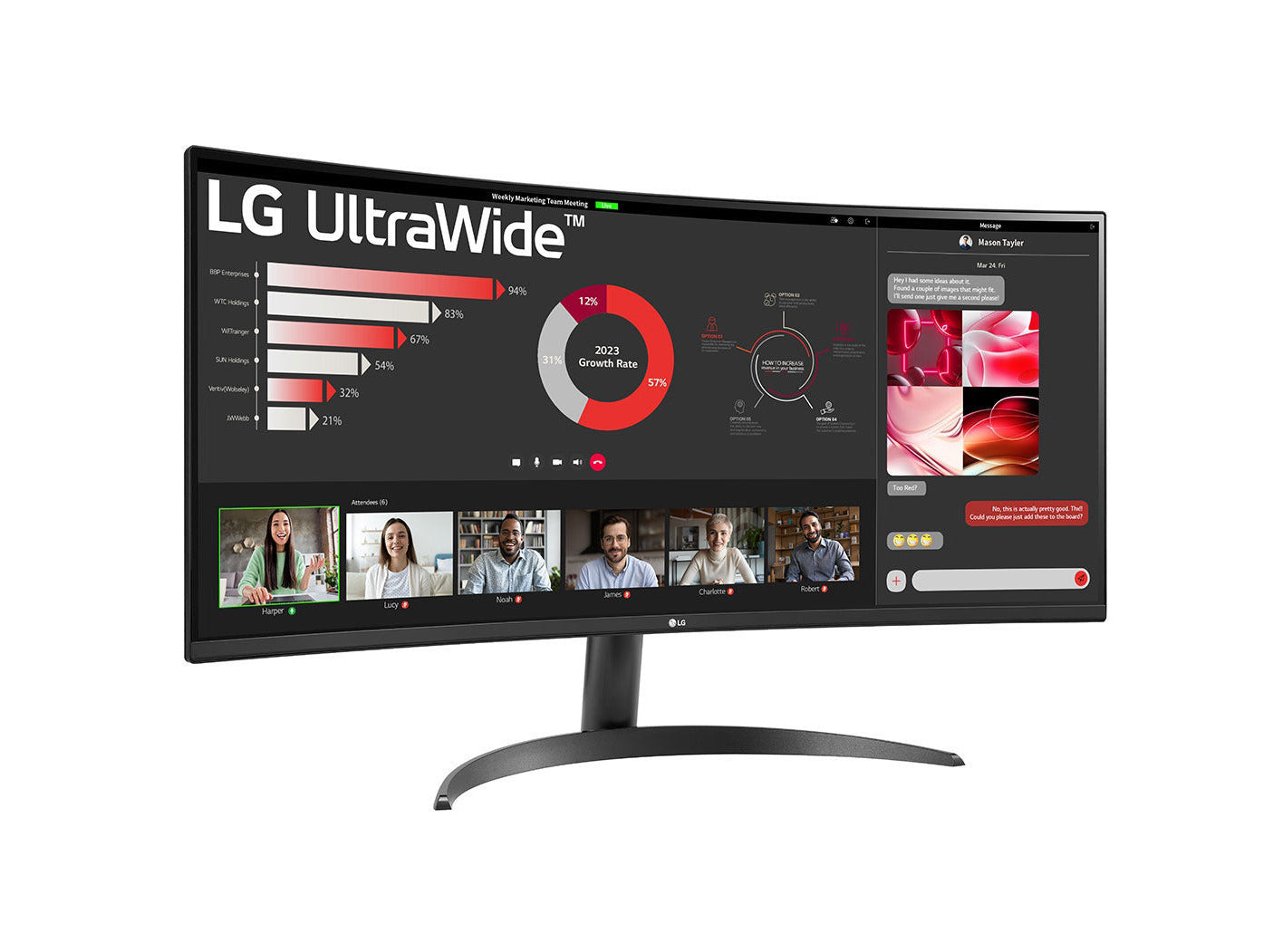 LG 34WR50QC-B Monitor előlnézetben enyhén jobbra fordítva, talpon. A kijelzőn online meeting és diagramok.