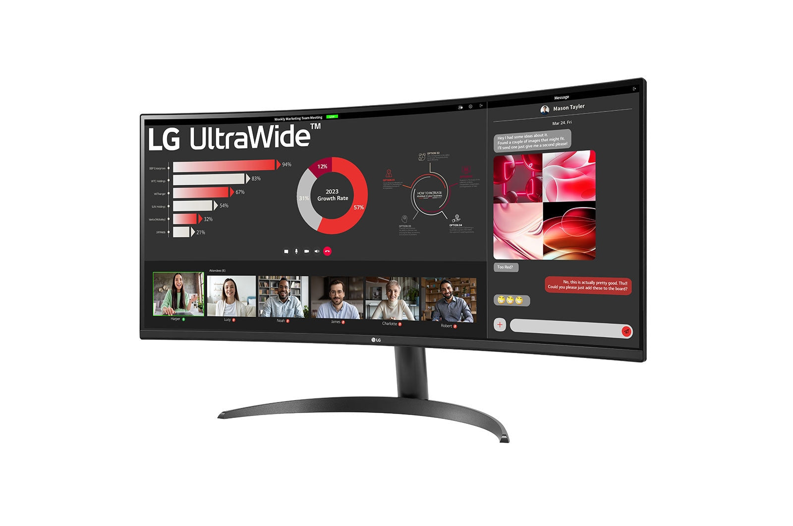 LG 34WR50QK-B Monitor előlnézetben enyhén balra fordítva, talpon. A kijelzőn online meeting és diagramok.