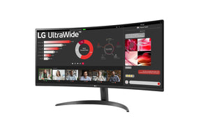 LG 34WR50QK-B Monitor előlnézetben enyhén balra fordítva, talpon. A kijelzőn online meeting és diagramok.