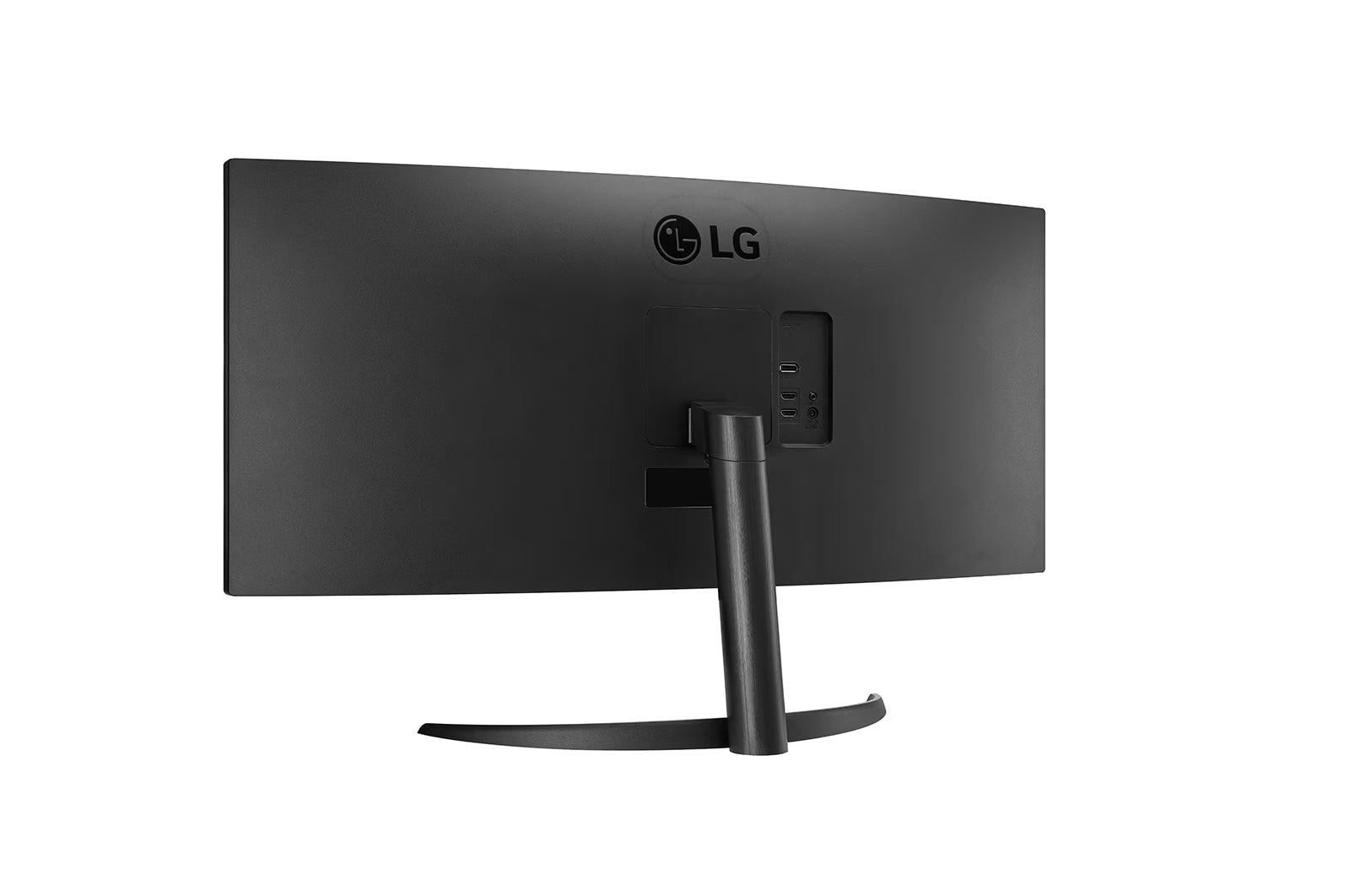 LG 34WR50QK-B Monitor hátulnézetben, enyhén balra fordítva.
