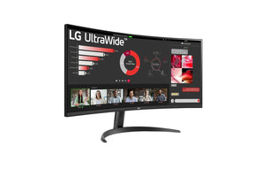 LG 34WR50QK-B Monitor előlnézetben jobbra fordítva, talpon. A kijelzőn online meeting és diagramok.