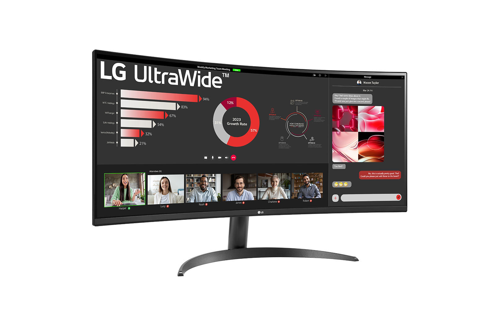 LG 34WR50QK-B Monitor előlnézetben enyhén jobbra fordítva, talpon. A kijelzőn online meeting és diagramok.