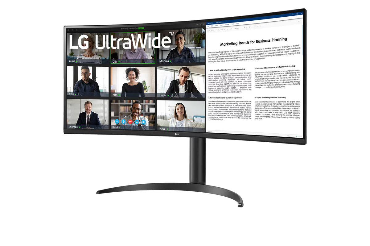 LG 34WR55QK-B Monitor előlnézetben talpon, enyhén balra fordítva.