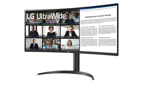 LG 34WR55QK-B Monitor előlnézetben talpon, enyhén balra fordítva.