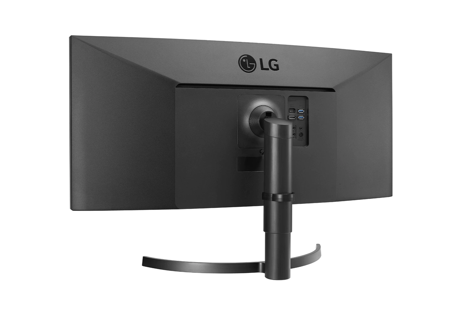 LG 35W75CN-B Monitor hátulnézetben enyhén balra fordítva, talpon. 