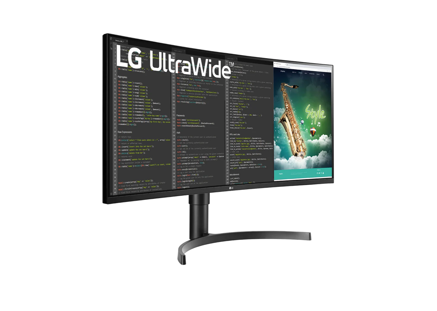 LG 35W75CN-B Monitor előlnézetben jobbra fordítva, talpon. A kijelzőn web coding és lg ultrawide logó.