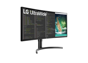 LG 35W75CN-B Monitor előlnézetben jobbra fordítva, talpon. A kijelzőn web coding és lg ultrawide logó.