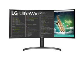 LG 35W75CN-B Monitor előlnézetben, talpon. A kijelzőn web coding és lg ultrawide logó.