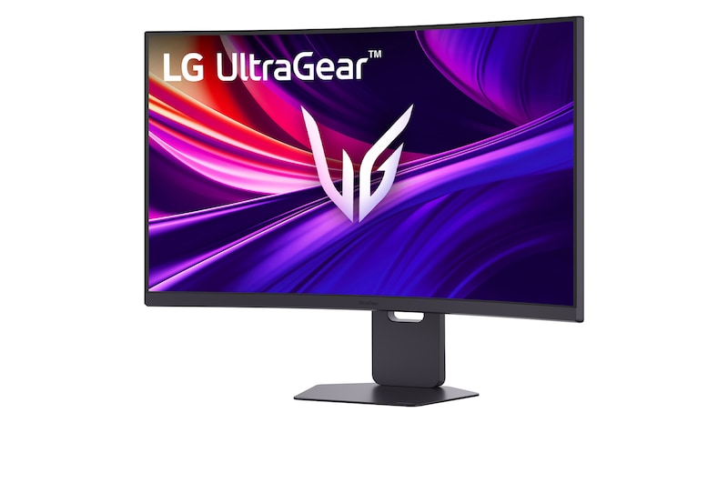 LG 37G800A-B Monitor előlnézetben talpon, enyhén balra fordítva. A kijelzőn pirosas kék absztrtakt ábra és ultragear logó.