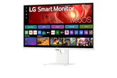 LG 37U730SA-W Monitor előlnézetben talpon, enyhén balra fordítva. A kijelzőn webos kezdőképernyő és applikációk ikonjai.