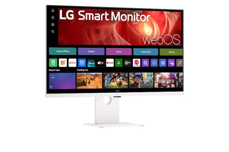 LG 37U730SA-W Monitor előlnézetben talpon, enyhén jobbra fordítva. A kijelzőn webos kezdőképernyő és applikációk ikonjai.