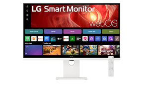 LG 37U721SA-W Monitor előlnézetben talpon, távirányító mellékelve. A kijelzőn webos kezdőképernyő és applikációk ikonjai, főbb paraméterek.