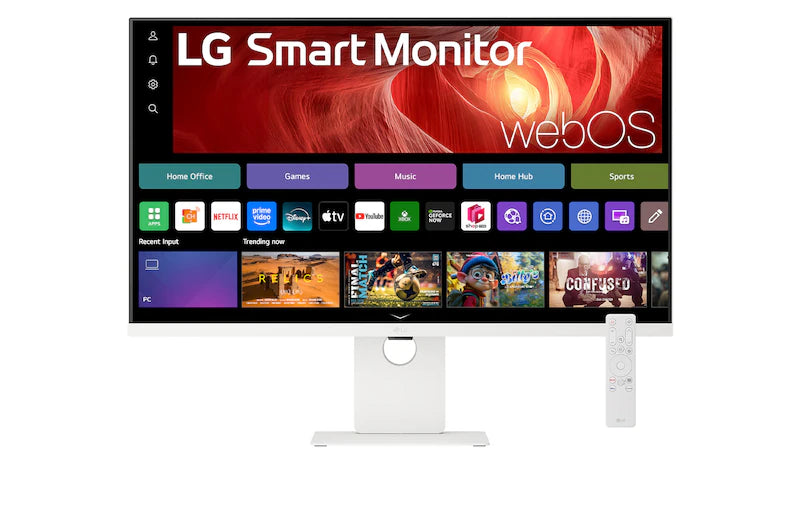 LG 37U721SA-W Monitor előlnézetben talpon, távirányító mellékelve. A kijelzőn webos kezdőképernyő és applikációk ikonjai, főbb paraméterek.