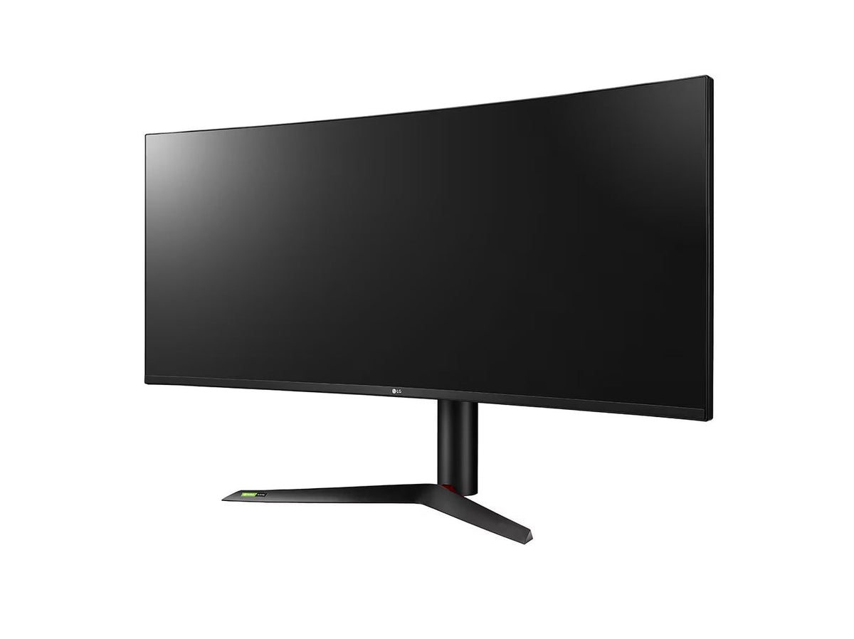 LG 38GL950G Gamer Monitor előlnézetben enyhén balra fordítva, talpra szerelve.