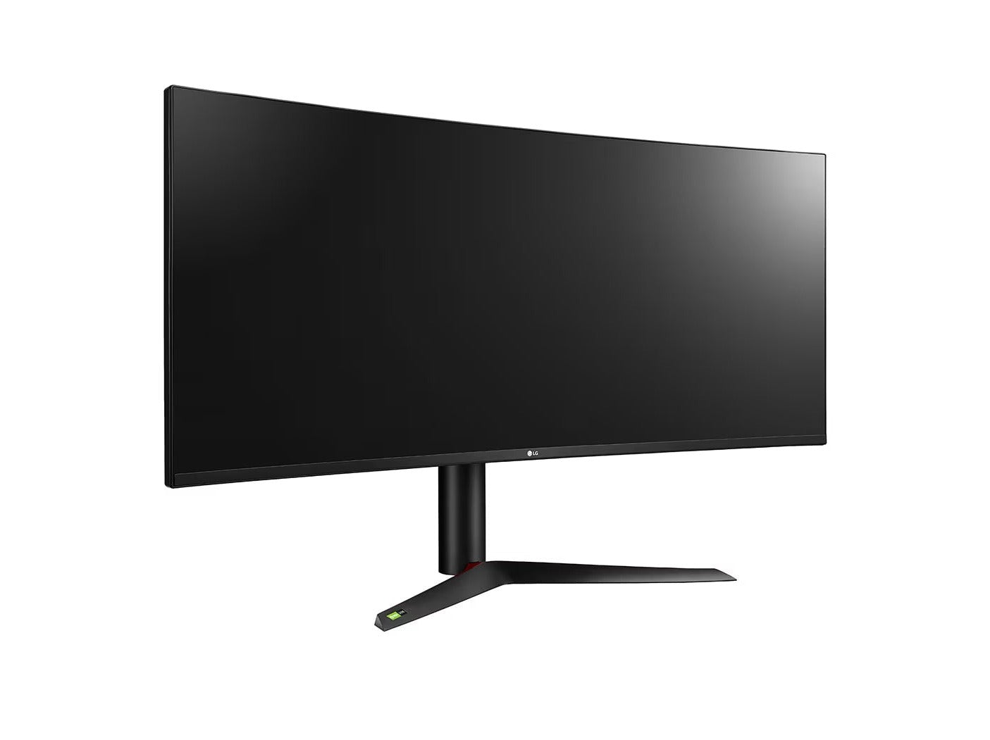 LG 38GL950G Gamer Monitor előlnézetben enyhén jobbra fordítva, talpra szerelve.