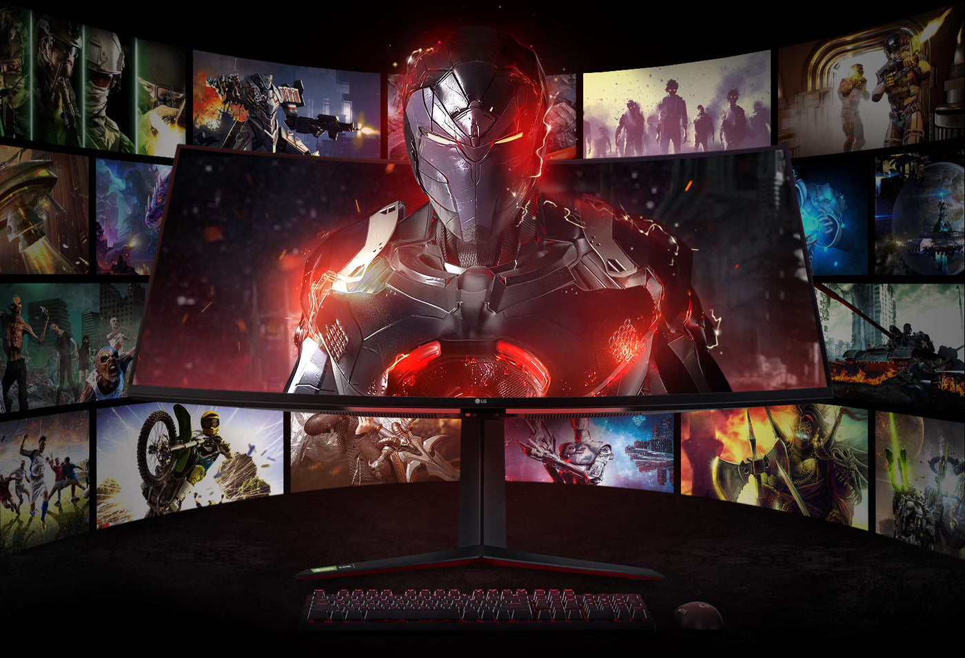 LG 38GN950-B monitor élethű térhatással és játékok pillanatképeivel körbe véve gaming környezetben.