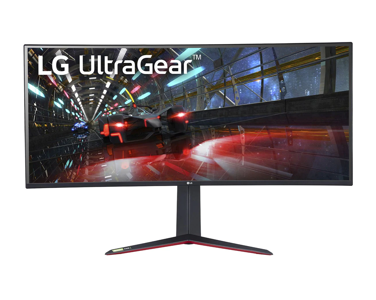 LG 38" Ívelt UltraGear 2K WQHD+ 160Hz 1ms Nano IPS Gamer Monitor előlnézet autóverseny jelenet, 38GN950P-B