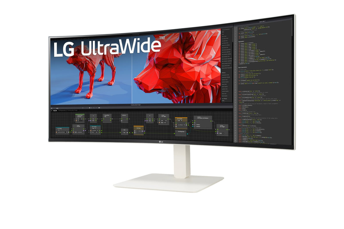 LG 38WR85QC-W Monitor előlnézetben talpon, enyhén balra fordítva. Videó vágás és coding munkamenet.