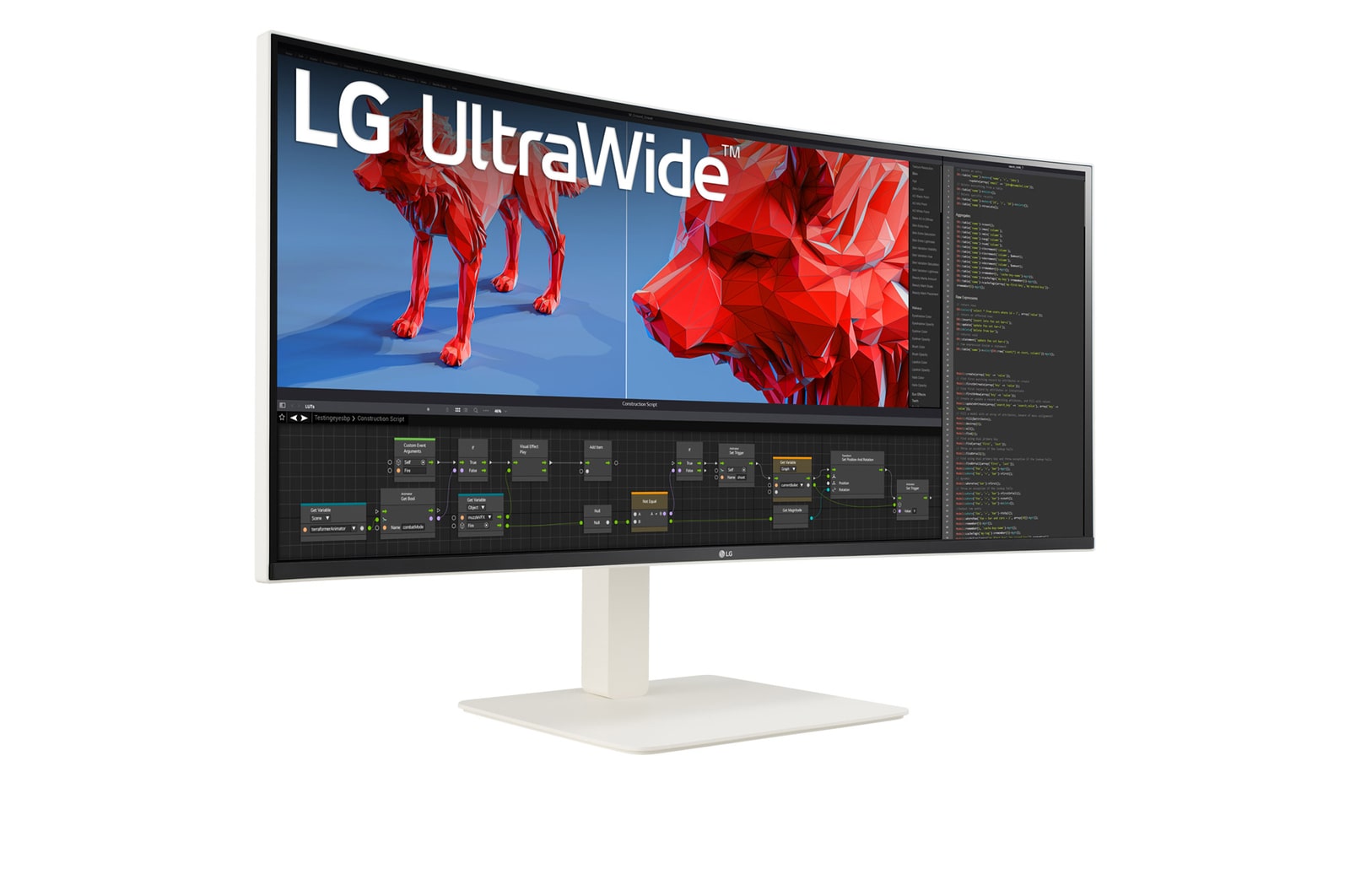 LG 38WR85QC-W Monitor előlnézetben talpon, jobbra fordítva. Videó vágás és coding munkamenet.